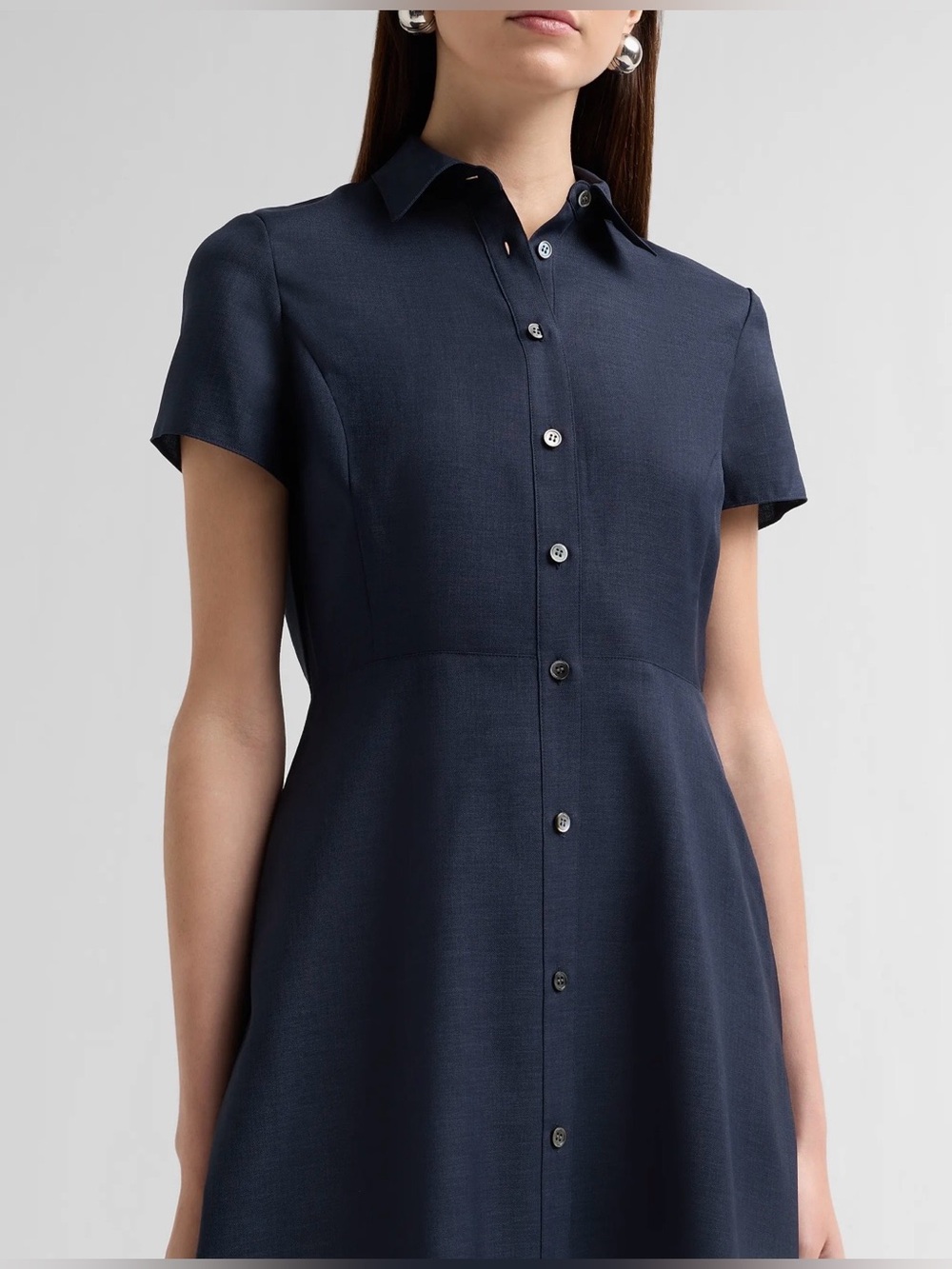Theory Navy Linen Blend Midi Shirt Dress Short Sleeve - Picture 3 of 12